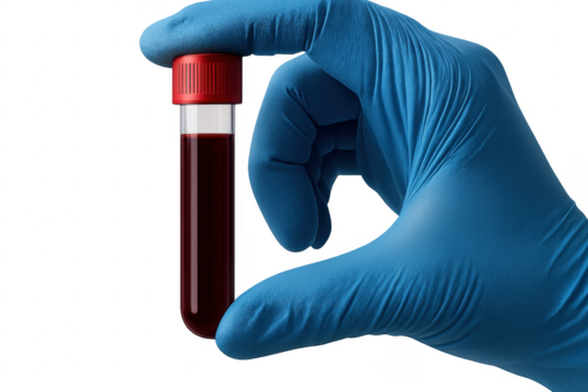 Scientist wearing blue gloves holding blood sample test tube with transparent background