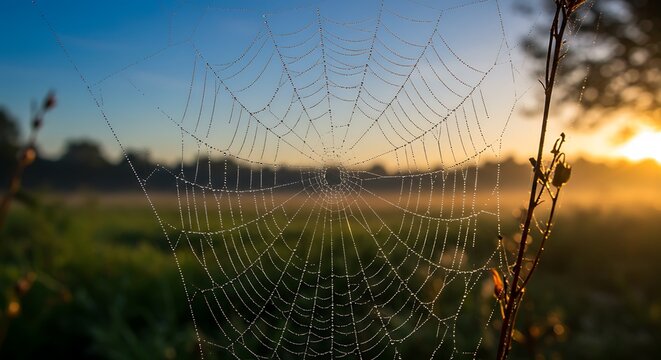 Dew-kissed spider web glistens in golden sunrise light over a misty meadow