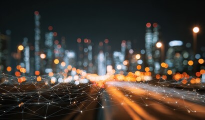 Blurry city lights at night with interconnected network