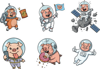 Funny pig astronaut cartoon set, pig in spacesuit eating snacks, pig with donut, selfie pig astronaut, outer space pig
