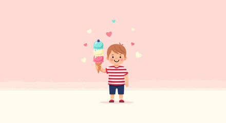 Joyful Boy Holding A Delicious Three Scoops Ice Cream With Hearts
