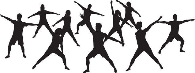 Group of people exercising or dancing with their arms raised