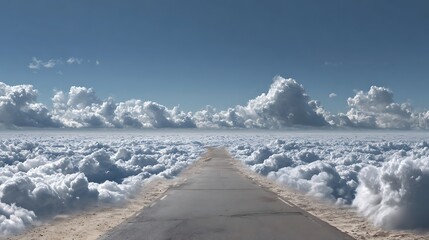 Path to the Clouds: An endless pathway leads into the clouds, bathed in the clear, open sky, it's a metaphor for a journey of discovery, capturing the serene feeling
