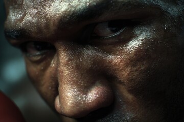 Obraz premium A close-up shot of a sweaty man's face, with a focused and determined expression. The image conveys the intense effort, pain, and dedication of a challenging workout or fight.