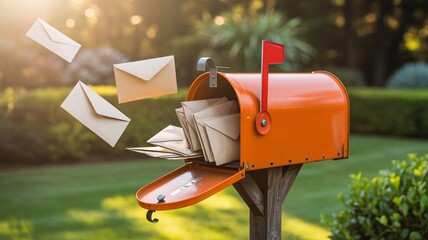 The vibrant orange mailbox, overflowing with letters, stands against a lush green lawn, capturing the spirit of home delivery and traditional communication