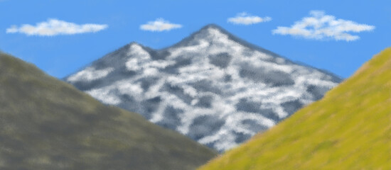 Beautiful alpine mountain hand drawn background image. Snow-covered mountain peak with blue sky and clouds framed by grassy hills. scenic natural landscape illustration. 