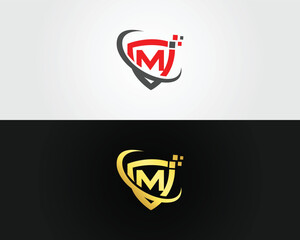 Abstract digital shield M letter logo design vector template.