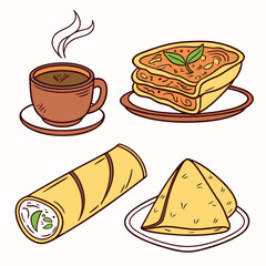 Illustration of coffee, sandwich, spring roll, and quesadilla
