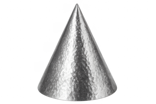 Metallic cone with hammered effect standing on transparent background