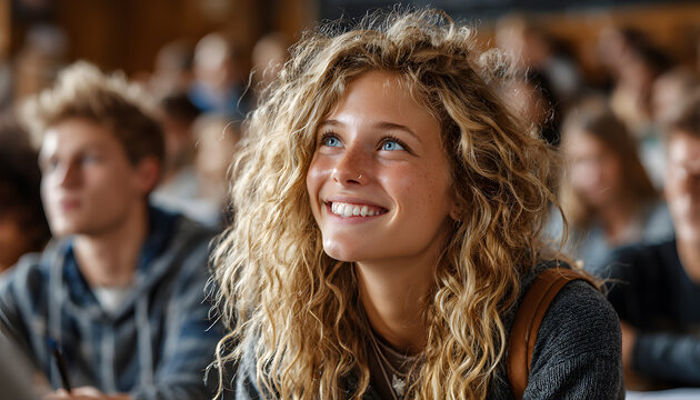 Group of young students, diverse group of people, atends college orientation sssion in lecture hall. Hapy faces, positive atmosphee during educational event People listen to lecture ttentively.