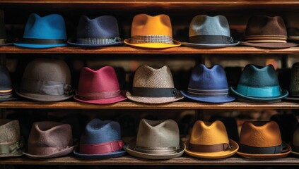 Colorful hats on wooden shelves