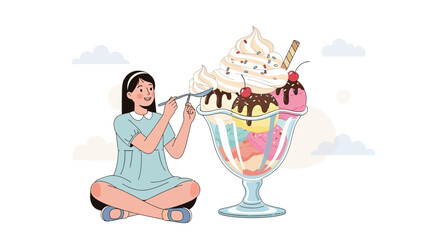 Girl Enjoys Eating Ice Cream Sundae Dessert Sweet Happiness Summer Time