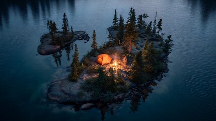 Island camping: Illuminated by the warm glow of campfire and tent. This picturesque scene invites you to experience the serene beauty of the great outdoors and escape into nature's embrace.