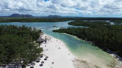Drone Flight above the beautiful beach of Ile aux Cerfs in Mauritius 