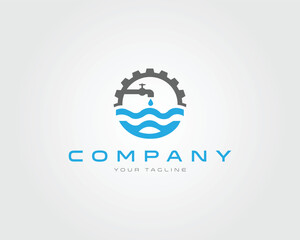 Gear and plumber water waves logo design vector template