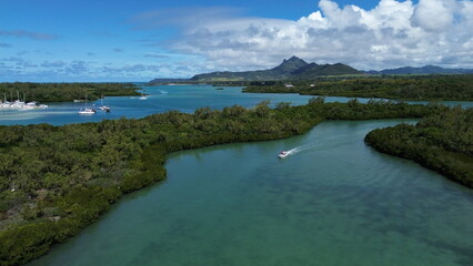 Drone Flight above the beautiful beach of Ile aux Cerfs in Mauritius 