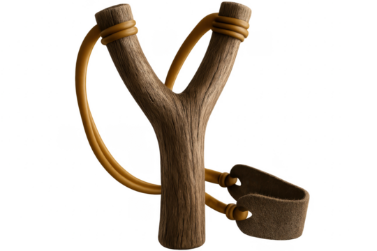 Wooden slingshot with elastic band on transparent background