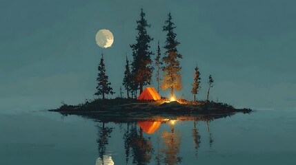  Tranquil Camping Under Moonlight: An ethereal island oasis at night, an inviting campsite under the soft glow of a full moon and the warm embrace of a crackling fire.
