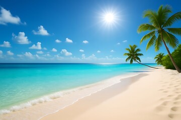 Fototapeta premium Serene tropical paradise beach with turquoise waters and palm trees under bright sunlight