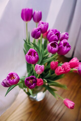 Glass vase with pink and purple tulips on a wooden floor by a curtained window. Fresh spring flowers and green leaves create a romantic, cheerful atmosphere—ideal for decoration and seasonal themes
