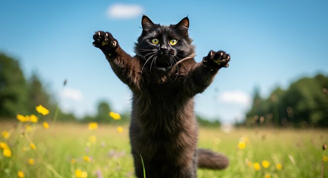 Fluffy black cat with bright yellow eyes playfully reaching up in a sunny meadow