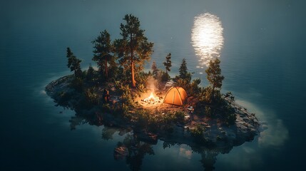 Serene Island Camp: A picturesque night scene of a tent lit by a cozy fire on a small island, trees around, peaceful water surrounding it, illuminated by a bright moon.