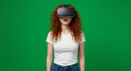 Woman experiences virtual reality with shock and awe, exploring new digital worlds with VR headset on green screen