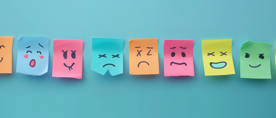 Sticky Notes Displaying Various Emotions on Blue Background