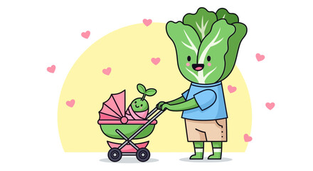 Happy Cabbage Dad Pushing Baby Sprout In A Stroller Cartoon Illustration