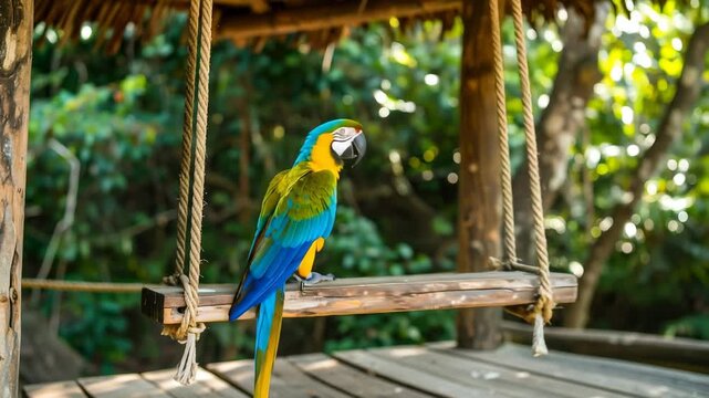 Colorful parrot on a swing in a tropical setting