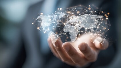 A hand holds a holographic world map network