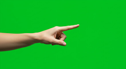 Confident hand pointing forward, showcasing direction and action on a vibrant green screen backdrop.