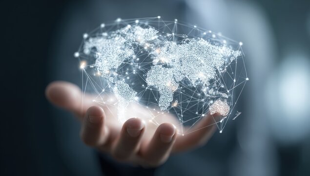 A hand holds a holographic world map, connected by digital lines