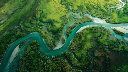 Emerald River Meandering: The emerald river elegantly meanders through a vibrant, flourishing landscape, offering a breathtaking aerial view of nature's artistry.