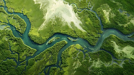 River's Flowing Embrace: Aerial panorama of a pristine river snaking its way through a vibrant, thriving landscape, offering a breathtaking vista of nature's beauty.