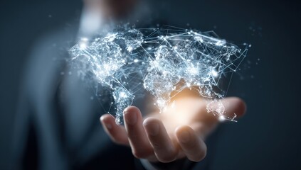 A hand holds a digital world map, network lines connecting continents