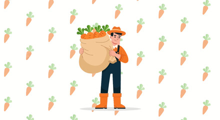 Happy Farmer Harvesting Fresh Carrots In A Bag From The Field Illustration