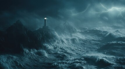 A dramatic shot of a lighthouse standing on a rocky cliff during a fierce storm. The image symbolizes hope, safety, and resilience amidst chaos and a dangerous situation.