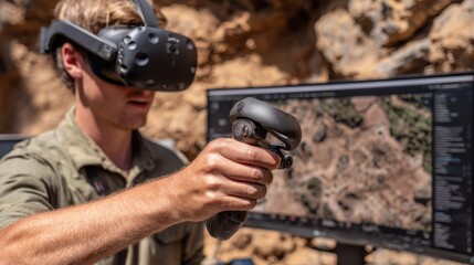 Man using virtual reality headset and controller, close-up 