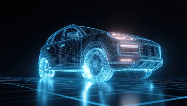 Wireframe SUV, glowing blue, dark background