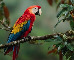 Obraz premium Vibrant scarlet macaw parrot perched on a lush tree branch in its natural habitat