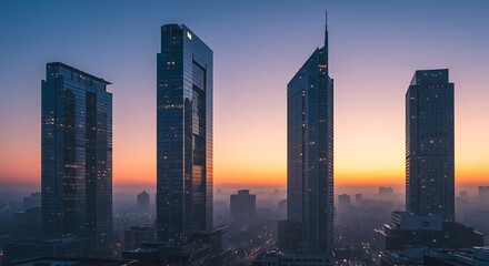 Naklejka premium Majestic skyscrapers pierce the twilight sky, their glass facades reflecting the radiant hues of