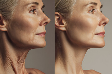 Mature woman before and after cosmetic neck procedure comparison, aging skin with wrinkles and sagging versus rejuvenated smooth youthful appearance.