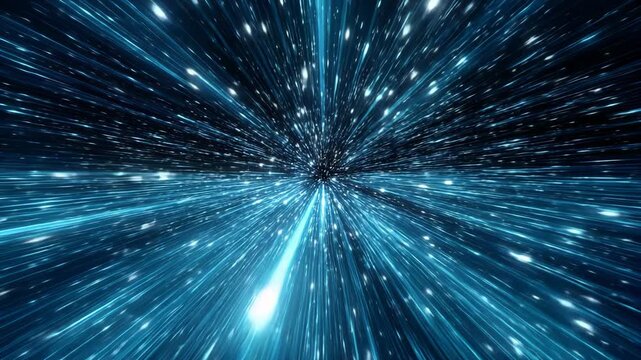 Abstract warp speed tunnel with glowing blue light rays in space