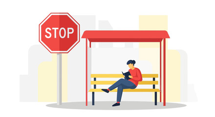 Person Reading a Book at Bus Stop with Stop Sign Illustration