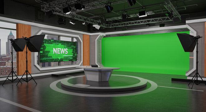 Modern news studio ready for live broadcast with green screen and desk