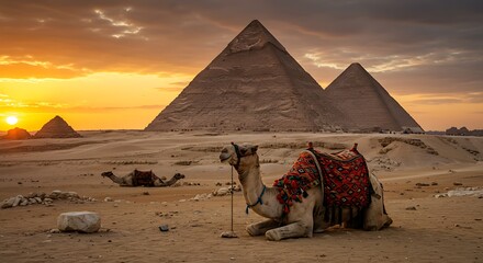 Fototapeta premium Majestic Egyptian Pyramids and Camels at Sunset with Golden Sky