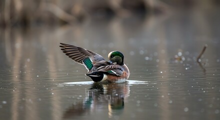 Male American Wigeon Duck Preening in Calm Water with Wing Extended