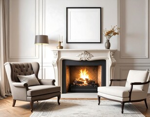 French vintage living room interior with fireplace mockup framed art two armchairs and lit fire