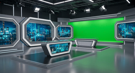 Sleek modern news studio with green screen and futuristic city graphics for broadcasting